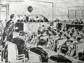 Dibujo sobre el comienzo del juicio del Moncada (pues fueron prohibidas las fotos) Fidel, como abogado exigió, el 21 de septiembre de 1953, el derecho de asumir su propia defensa. Fue retirado luego, en la tercera sesión del juicio, celebrada en la sala del Pleno del edificio de la audiencia. Su alegato de autodefensa, conocido como La Historia me Absolverá –palabras con las que concluyó su discurso– fue pronunciado el 16 de octubre del propio año, en una sala de justicia improvisada en una pequeña habitación del Hospital de Santiago, utilizado como cuarto de estudio de las enfermeras. Dibujo sobre el comienzo del juicio del Moncada (pues fueron prohibidas las fotos) Fidel, como abogado exigió, el 21 de septiembre de 1953, el derecho de asumir su propia defensa. Fue retirado luego, en la tercera sesión del juicio, celebrada en la sala del Pleno del edificio de la audiencia. Su alegato de autodefensa, conocido como La Historia me Absolverá –palabras con las que concluyó su discurso– fue pronunciado el 16 de octubre del propio año, en una sala de justicia improvisada en una pequeña habitaci